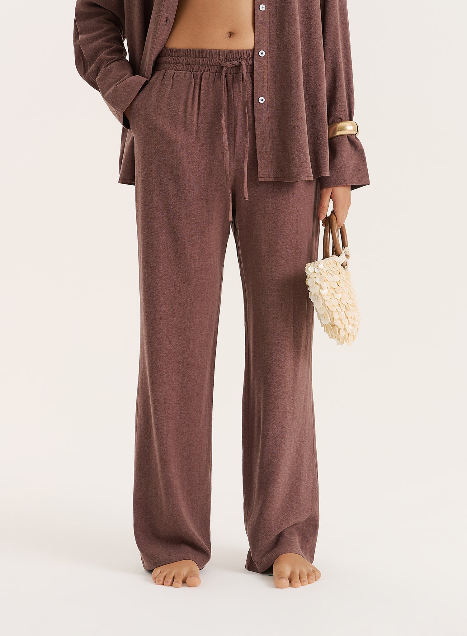 Chocolate Linen Blend Wide Leg Trouser